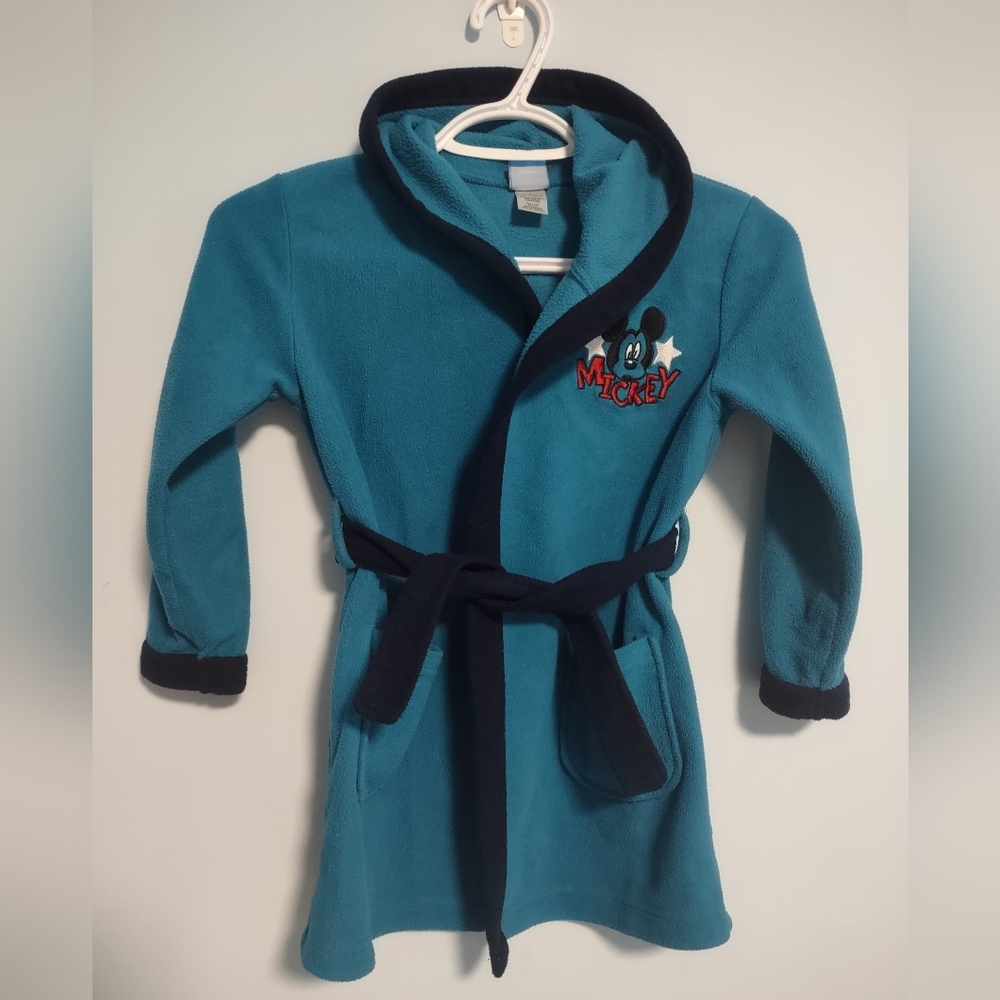 Disney Kids Mickey Mouse Hooded Bath Robe Size 5 Blue Long Sleeves Pockets Cozy